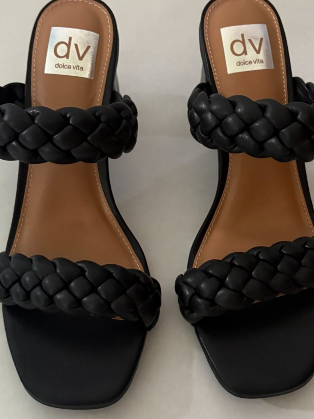 New Dolce Vita Black Braided Leather Slides Block Heels Size 8.5